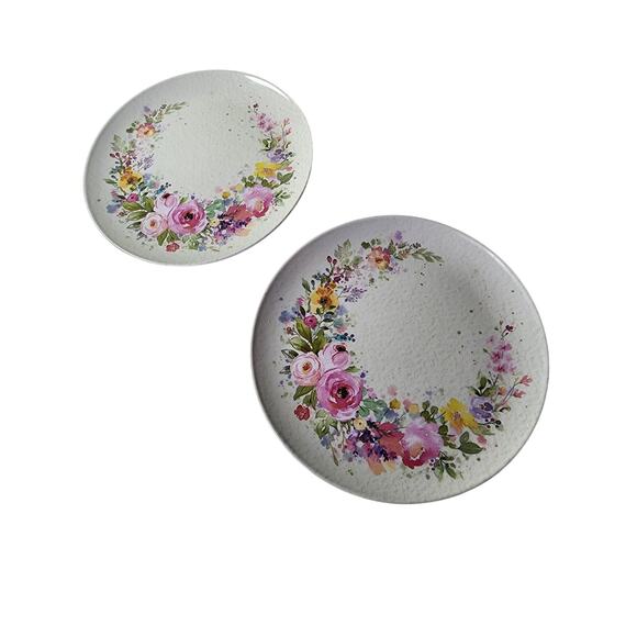 Set of 2 Colorful Pink Red Floral Garden Melamine Dinner Plates - Picture 1 of 4